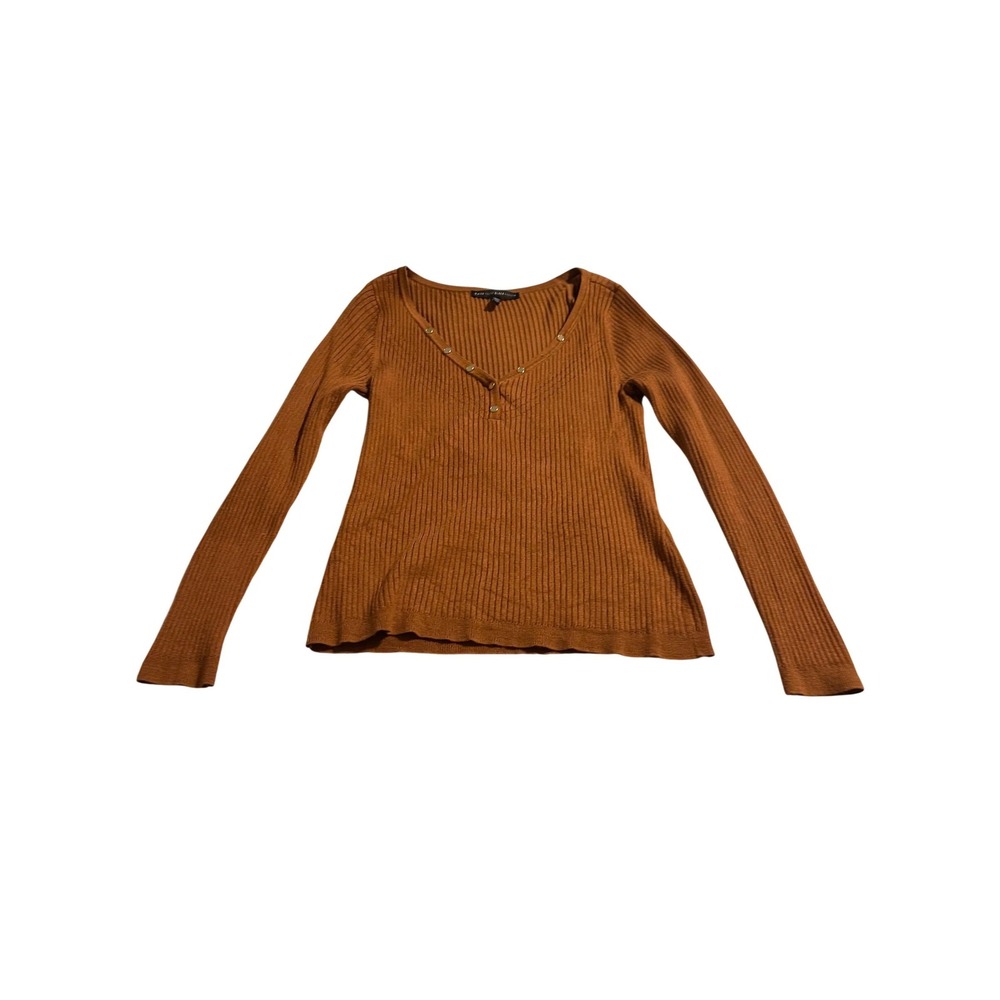 WHITE HOUSE BLACK MARKET Ribbed Henley Long Sleeve Sweater Top Rust Orange‎ M